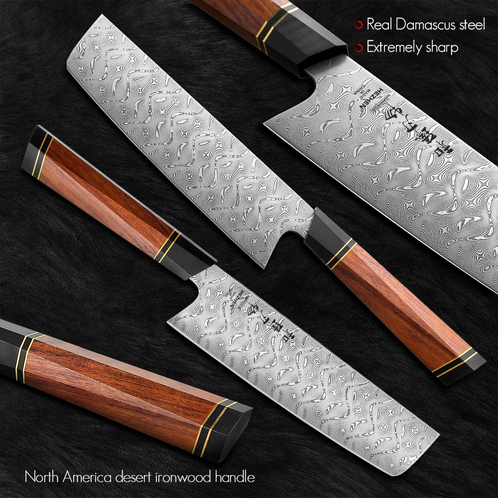 HEZHEN 3PC Knife Set 110 Layer Damascus Steel Chef Santoku Utility Knives North America Desert Ironwood Handle