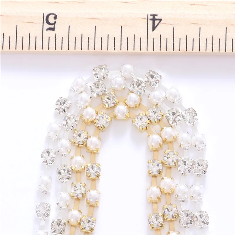 New 4mm Crystal Glass ABS Pearl Rhinestone Chain with Silver Base Faltback Sewing Accessories for  Garment Bags decorations