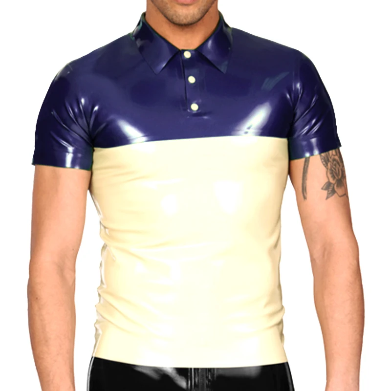 Purple And White Trims Sexy Latex Shirt Top With Turn Down Collar Buttons Rubber Clothing Plus Size YF-0049