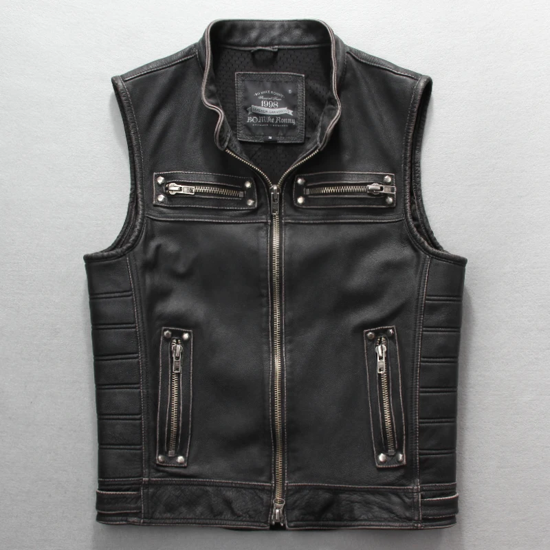 2020 Vintage Black Slim Fit Biker's Leather Plus Size 4XL Genuine Thick Cowhide Short Russian Motorcycle Vest