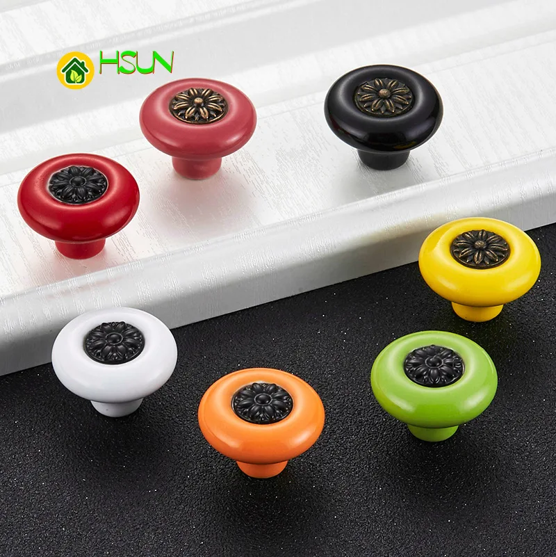 Ceramic Knob Cabinet Handle Metal Zinc Red Yellow Green Black Orange White Colorful Vintage Furniture Drawer Door Pull