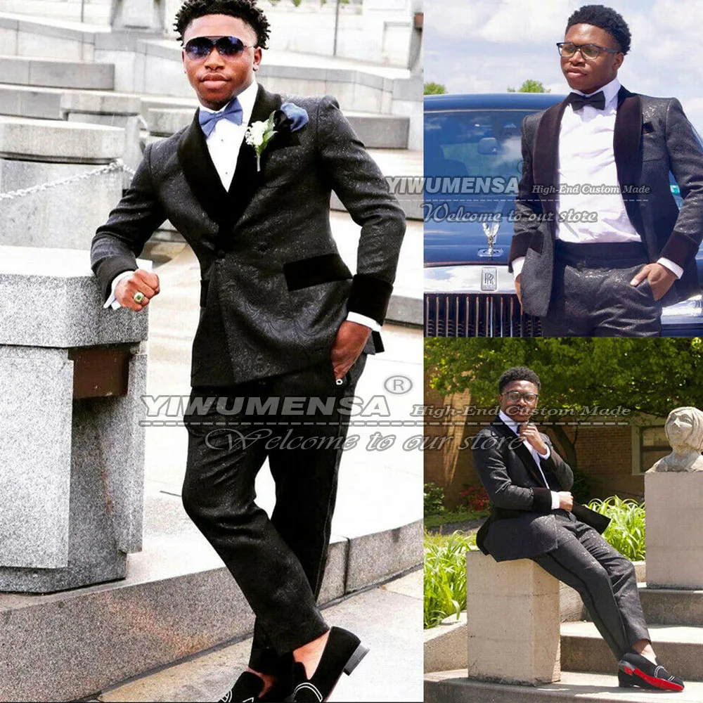 

Spring/Autumn Black Jacquard Men Suits Slim Fit Peaked Lapel Double Breasted Jacket With Pants 2 Pieces Casual Wedding Tuxedos