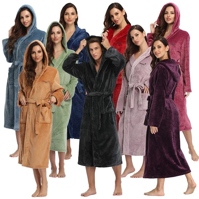 

Couples Dressing Robes Autumn and Winter Thick Warm and Thick Pajama Bathrobes Plus Long Hood Flannel Solid Color Home Clothing