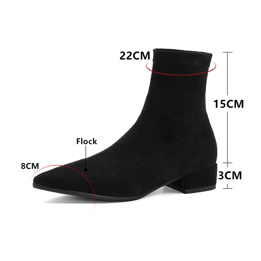 Autumn Winter Women Ankle Boots Square Low Heels Flock Pointed Boats Casual Comfortable Sock Booties Mujer Pumps Apricot Brown