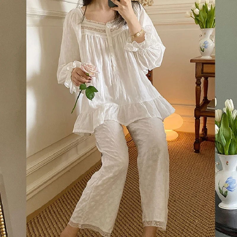 Vintage Pure Cotton Women\'s White Pajamas Sets Girls Loose Cute Sleepwear Suits Gifts For Lady Homewear