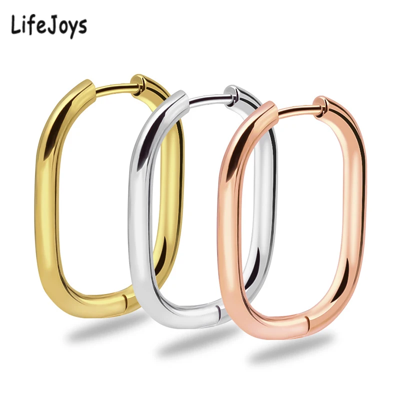 Geometric Square Hoop Earrings For Women Stainless Steel Oval Rectangle Dangle Earring Jewelry Rose Gold Silver Color Fashion