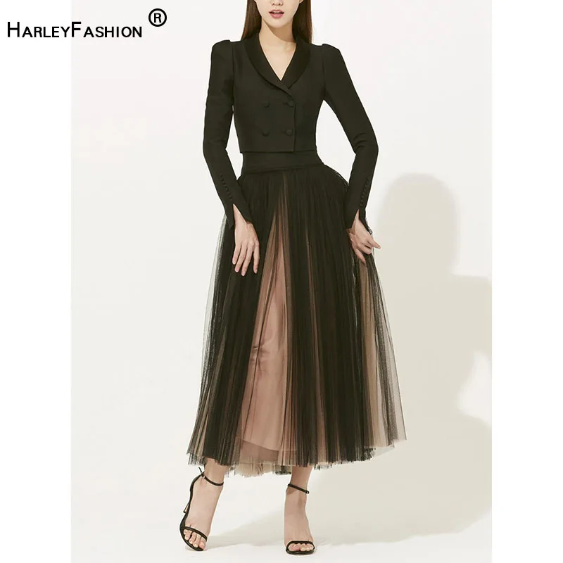 HARLEYFASHION Women Slim Luxurious Black 2 Piece Sets Fashion Double Breasted Short Top + Clashing Color Ball Gown Gauze Skirt