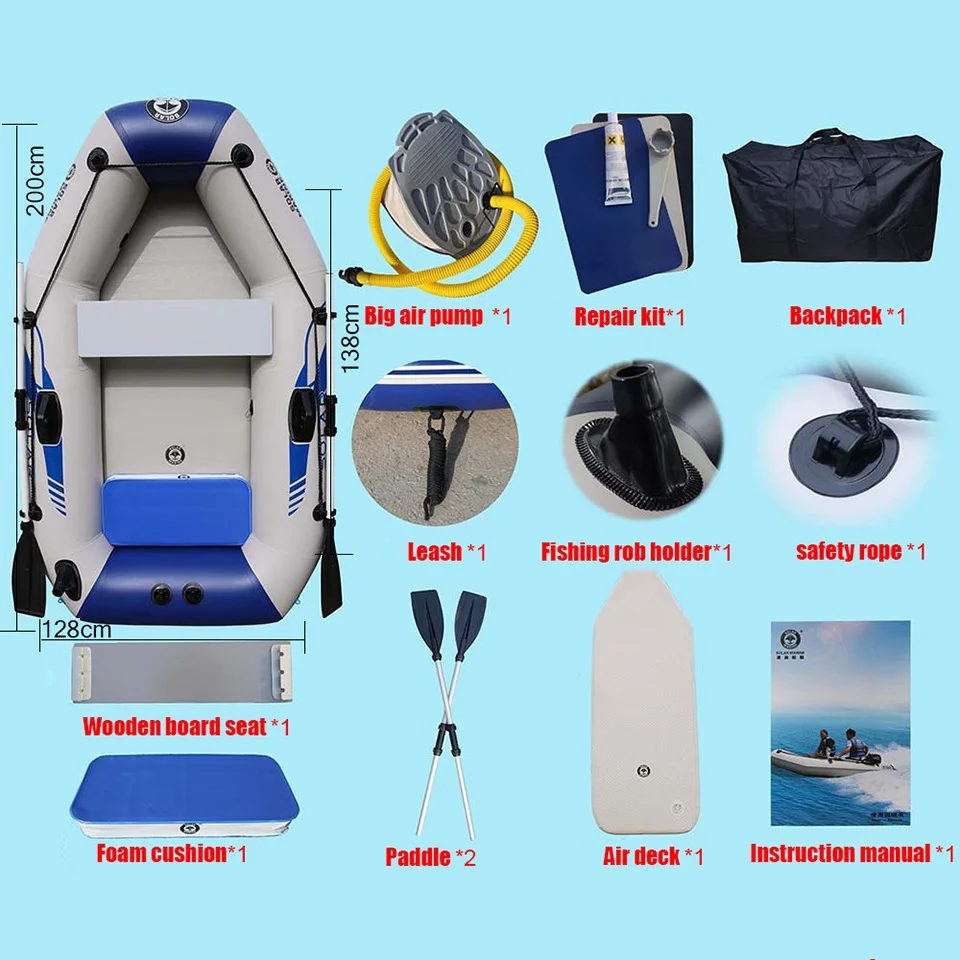 Barca da pesca gonfiabile con accessori, 2 persone, kayak in PVC da 2 m, gommone per canoa, pavimento ad aria