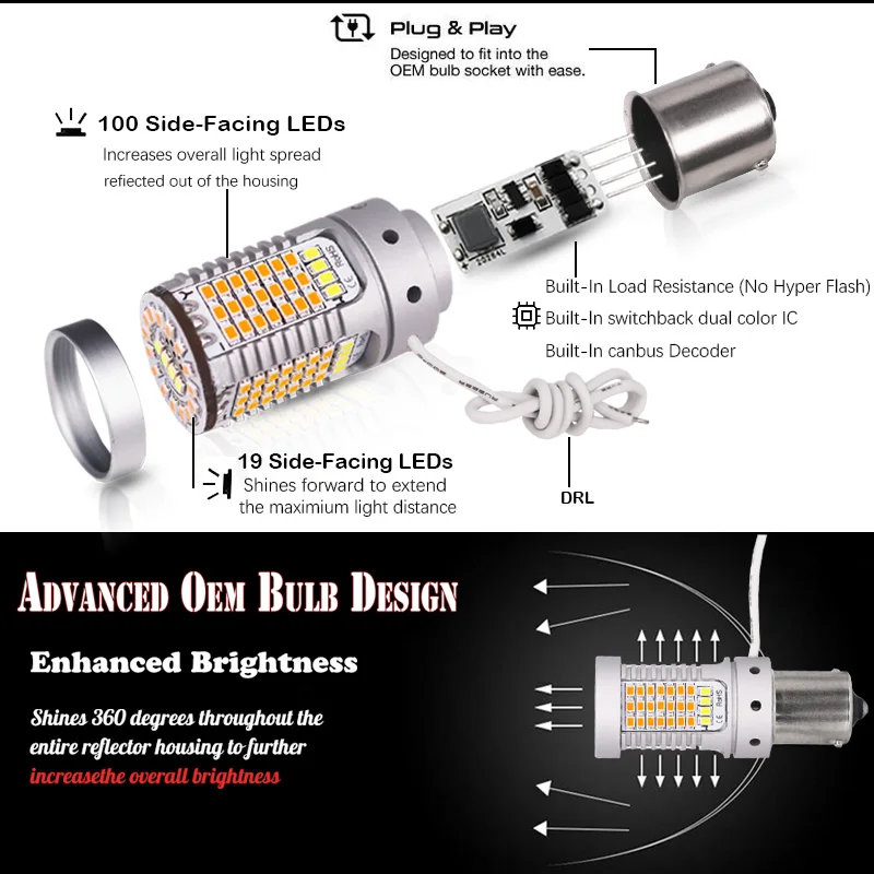 No Hyper Flash BAU15S 7507 LED 21W BA15S 1156 Switchback White/Amber Bulbs For Daytime Running Lights DRL/Turn Signal Lights 12V