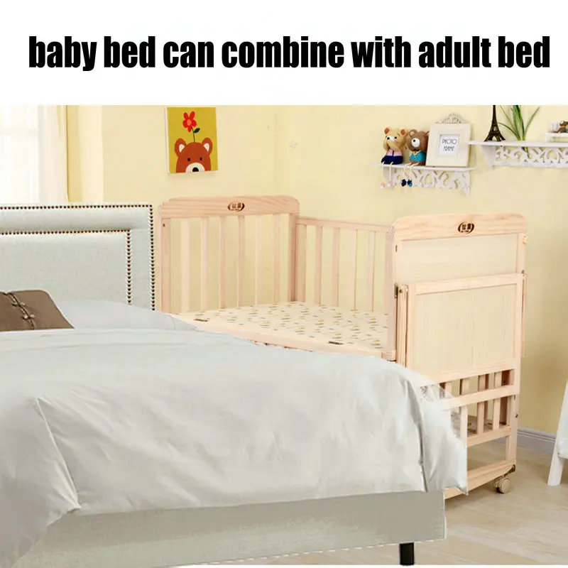 3 Grade Adjust Baby Bed With Wheels, No Paint Crib Have Bedding Set, Can Joint Adult Bed, Can Be Rocking Cradle