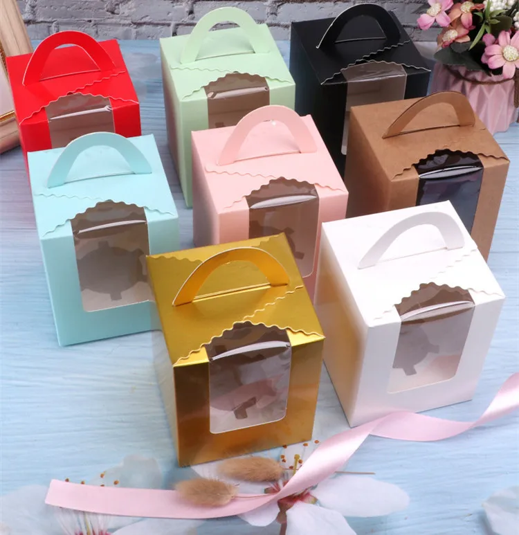 

9.2*9.2*11cm 6 Colors Cupcake Paper Box With Handle Food Packing Gift Box 100pcs/lot Free shipping
