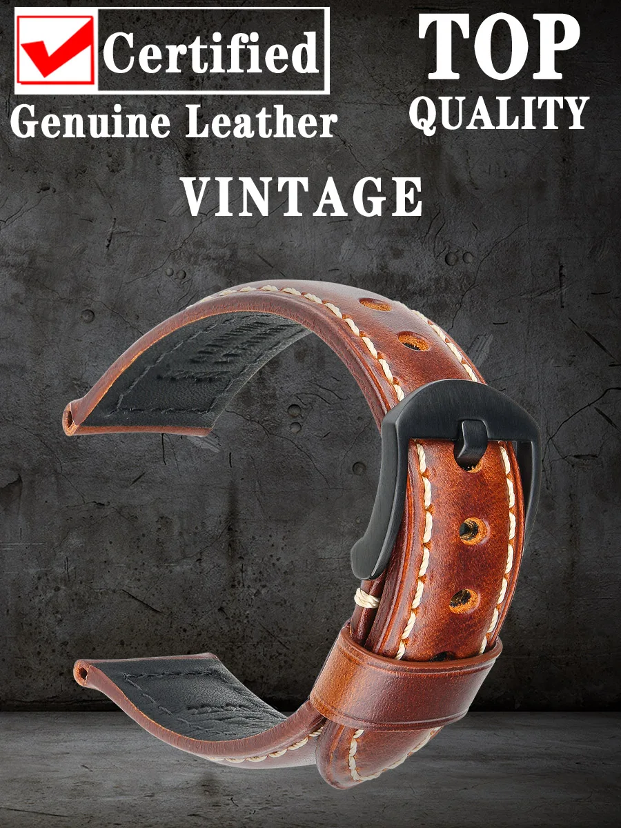 Vintage Watch Bracelet Smartwatch Accessories Watchband 20mm 22mm Vintage Oil Wax Leather Watch Strap For Panerai Watch Band