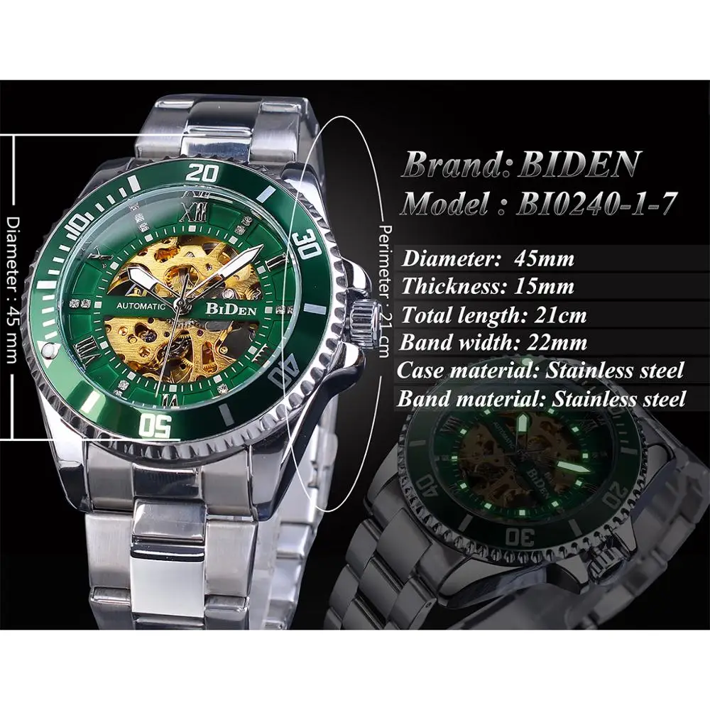 BIDEN Green Skeleton Dial Diamond Design Automatic Watch Waterproof Stainless Steel Luminous Hand Men Business Mechanical Watch