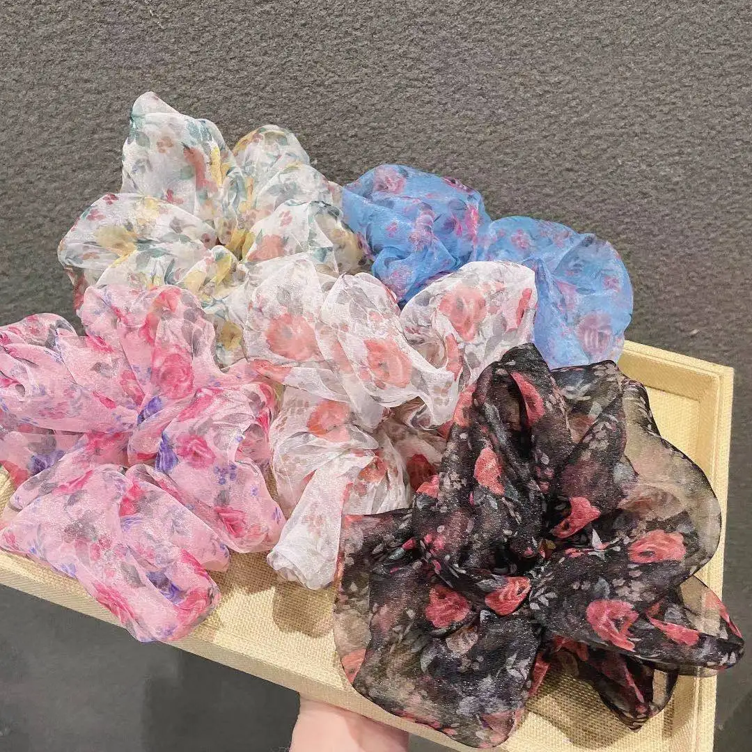 Scrunchies elásticos para mulheres e meninas, cordas de cabelo, flor de organza, grande, temperamento, acessórios para cabelo, nova moda, 2021