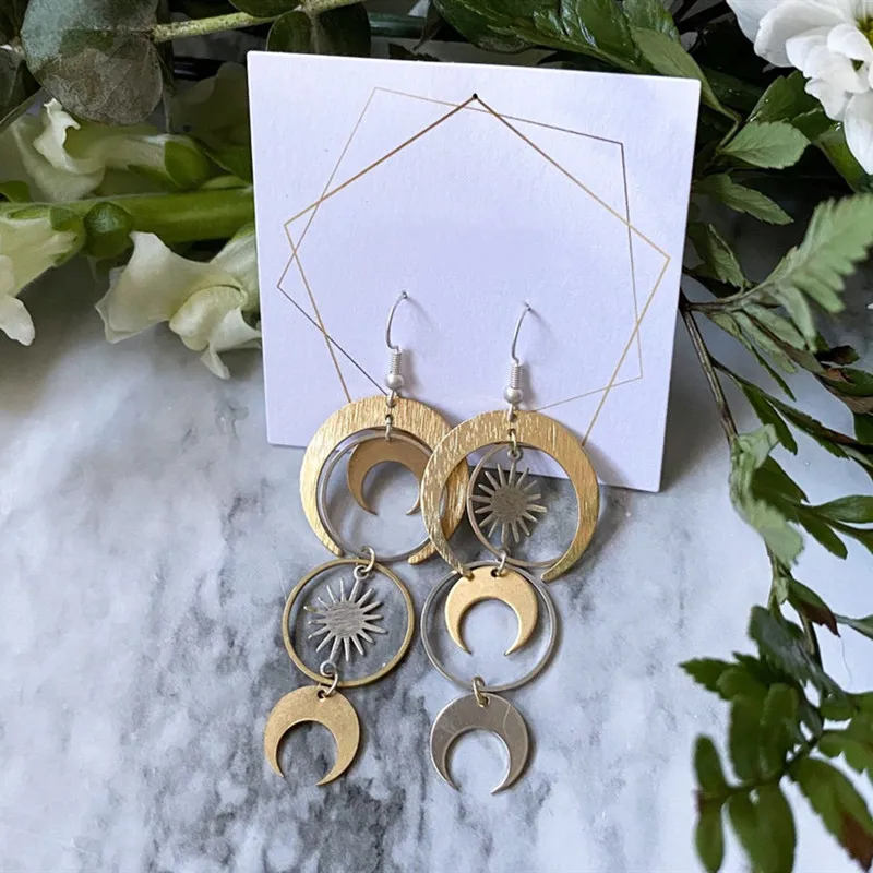 Mixed Metal Gold Silver Plated Geometric Crescent Moon Phase Earrings, Celestial Boho Witchy Jewelry