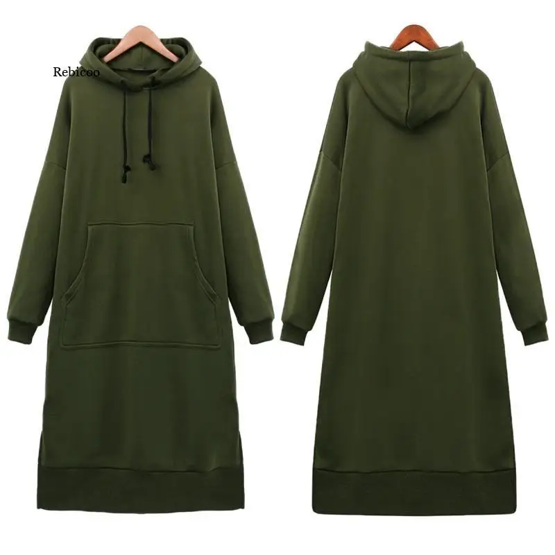 

Harajuku 5Xl Women Hooded Dress Solid Drawsting Long Sleeve Sweatshirts Pocket Autumn Winter Oversized Casual Pullover Hoodie