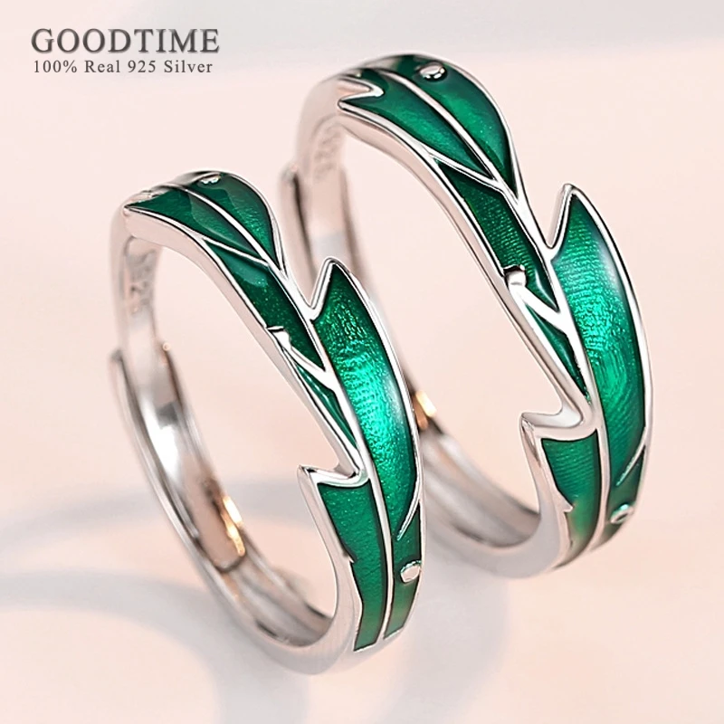 Fashion 100% 925 Sterling Silver Couple Rings Rainforest Plantain Green Leaves Cool Sweet Romantic Style Rings For Lovers