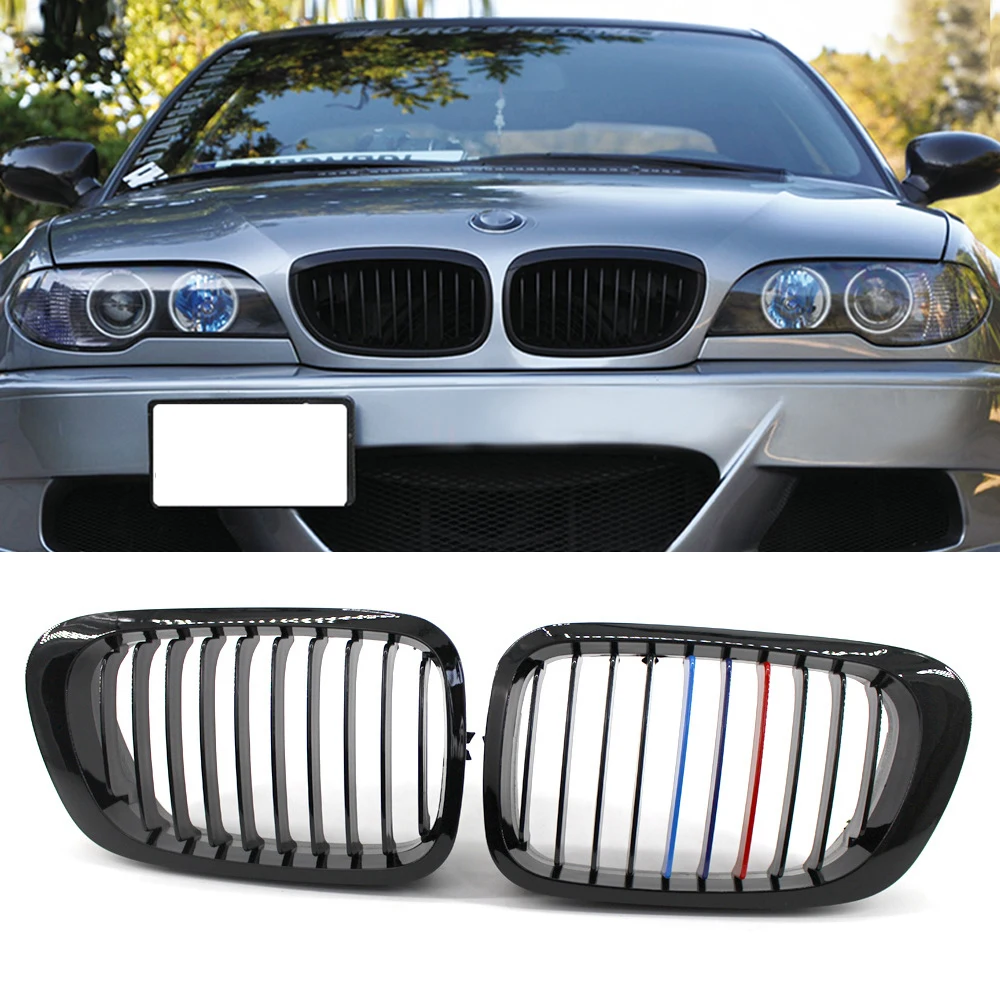 A Pair Front Kidney Grill Grills 1 Slat Gloss Black For BMW 3 Series E46 320i 328i 330i 1998-2001 2/4 Door Racing Grille