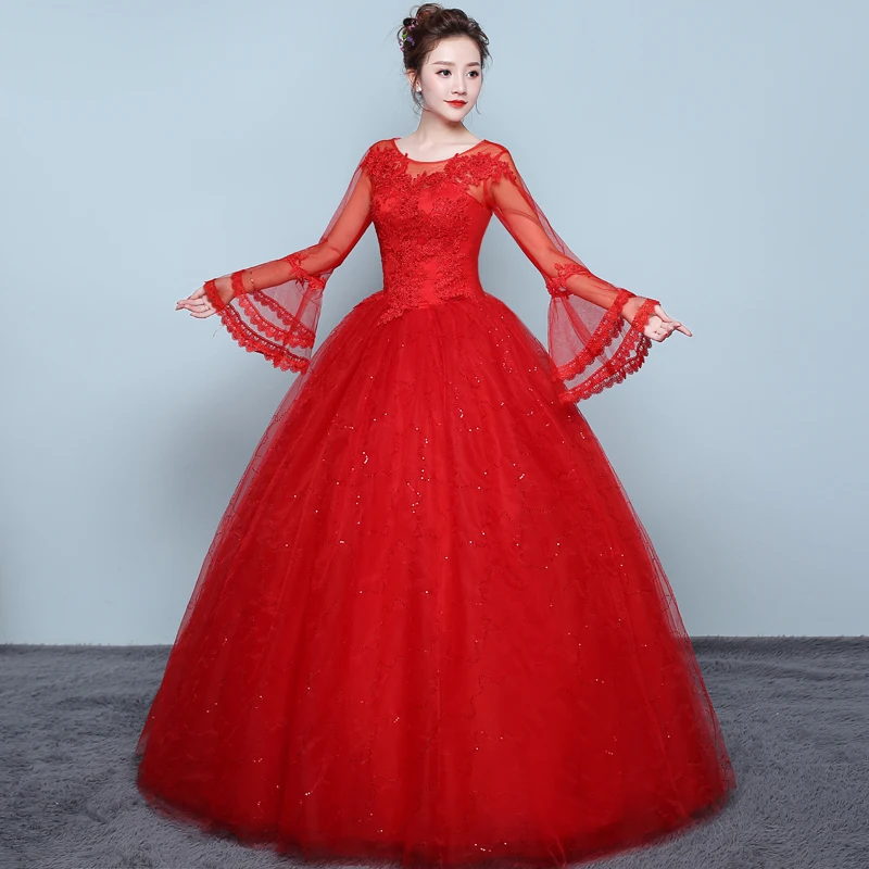 AnXin SH princess red Lace party vintage o neck beading crystal flower long flare sleeve white lace up customized wedding dress