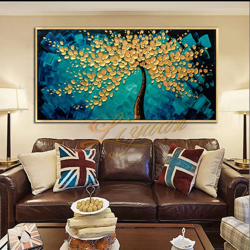 

Hand-painted knife oil painting on new golden tree canvas, large 3D painting in living room, modern abstract art wall painting