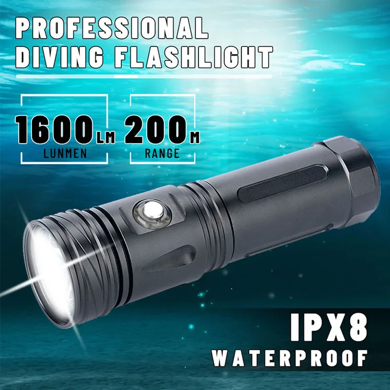 

Hot Sale Rechargeable Scuba Diving Flashlight Underwater Torch Ultra Bright L2 LED Light for Fishing