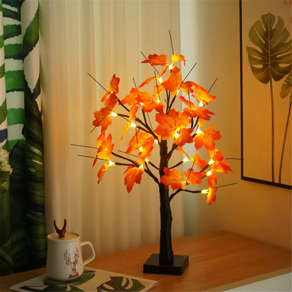 60cm 24 LED Pumpkin Bat Maples Leaves Lights White Birch Tree Night Light Halloween Thanksgiving Decorations Table Lamp