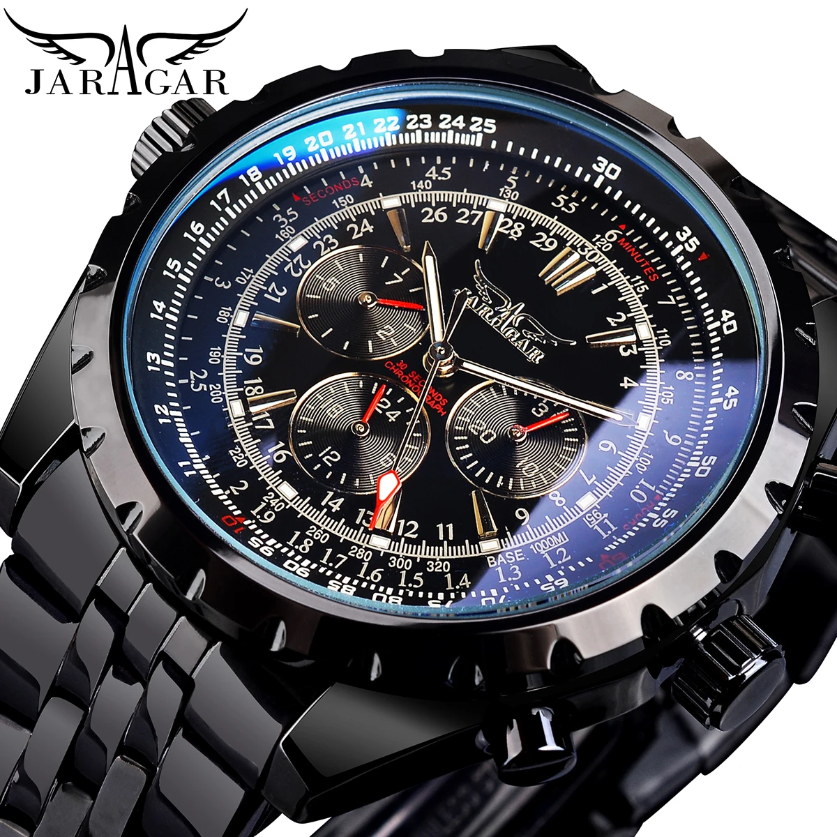 

Jaragar Blue Glass Design Black Silver Automatic Watch Stainless Steel Date Clock Luminous Men Business Mechanical Wristwatch