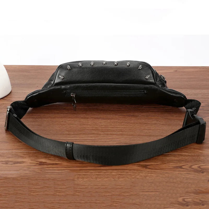 Waist Bag 2023 New High-end Brand PU Leather Men\'s Belt Bags Travel Handy Fanny Pack Male Tide Skull Rivet Waist Packs