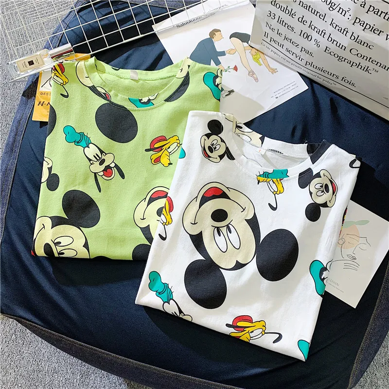 Summer Mickey Mouse Women Shirts Green White T-shirt Cartoon Pattern Printing Clothes Half Sleeve Pink Kawaii Korean Clothes