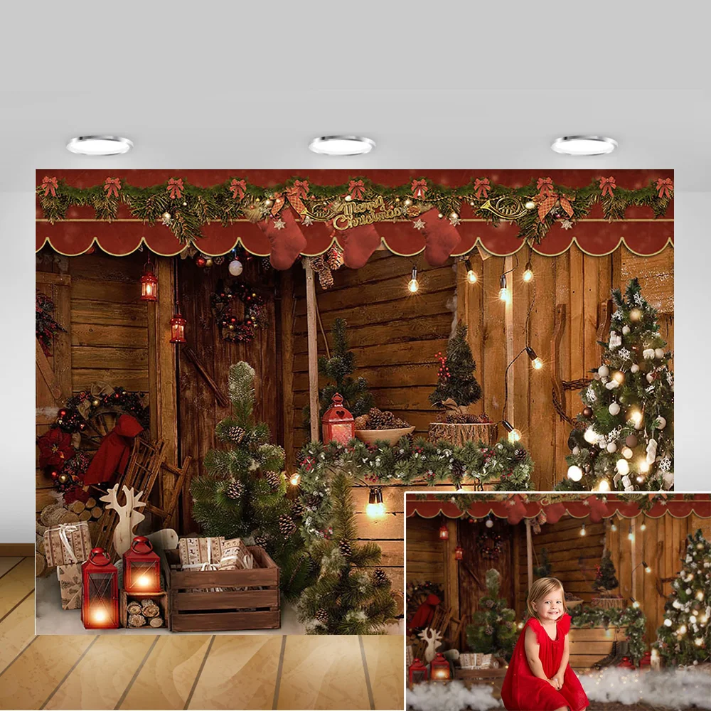 Winter Photography Backdrop Merry Christmas Rustic Wood Wall Background Gifts Light Lamp Christmas Tree Family Party Photo Shoot