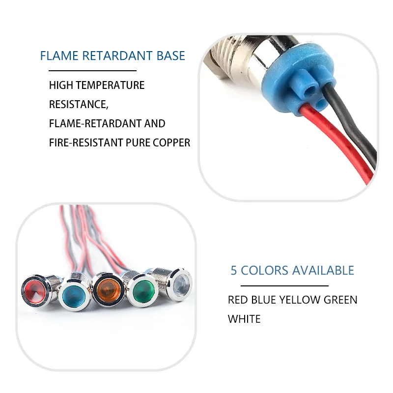 Luz indicadora de advertencia LED impermeable, lámpara de señal, cable piloto, 3V, 6V, 12V, 24V, 110V, 220V, botón de Metal con cable, 8mm, 1 ud.