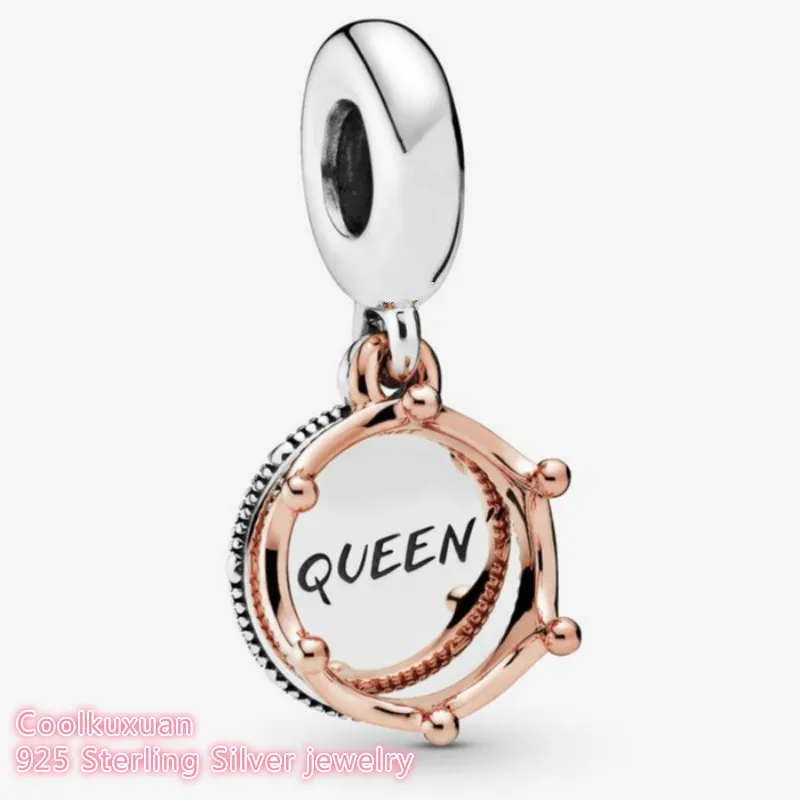 Autumn 100% 925 Sterling Silver Queen & Regal Crown Dangle Charm Rose Gold beads Fits Original Pandora bracelets Jewelry