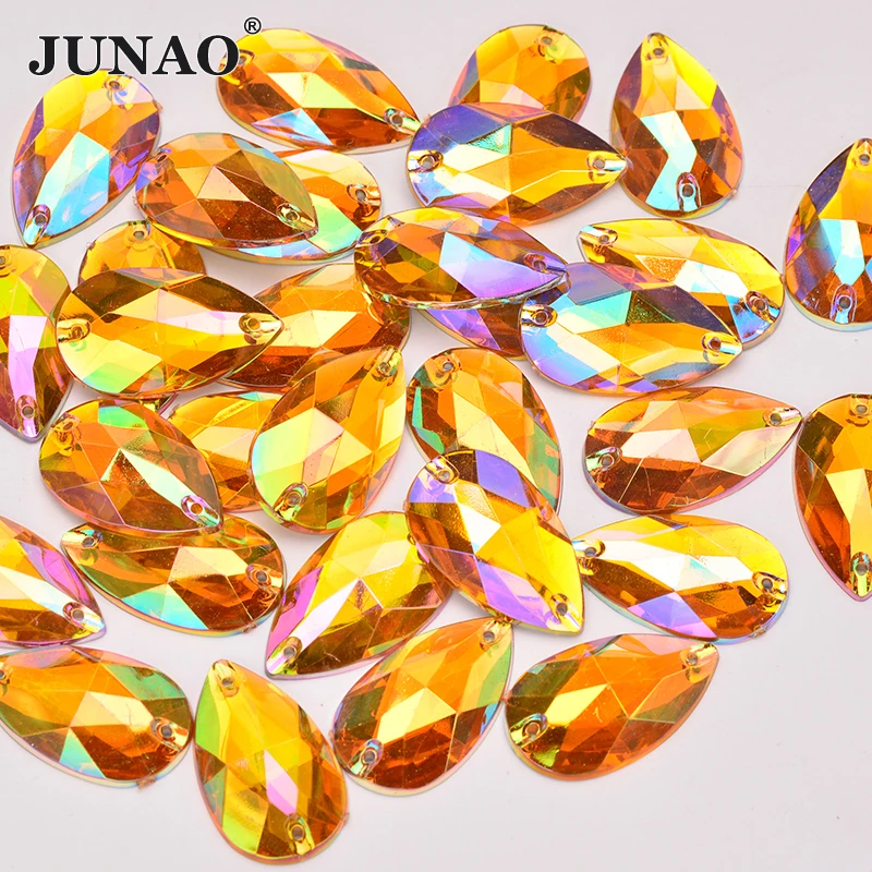 JUNAO 100pcs 17*28mm Yellow AB Teardrop Acrylic Rhinestones Sewing Crystal Stones Glitter Flatback Strass Diamond For Clothes