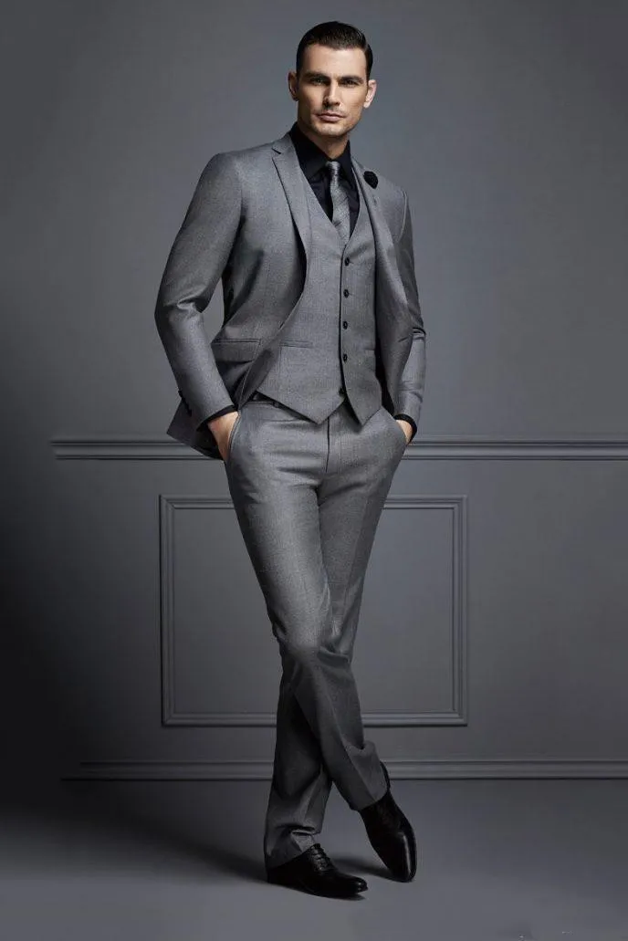 New Grey Business Mens Suit Groom Wear Formal Wedding Suits for Men Best Man Slim Fit Tuxedos For Men (Jacket+Vest+Pants) Terno