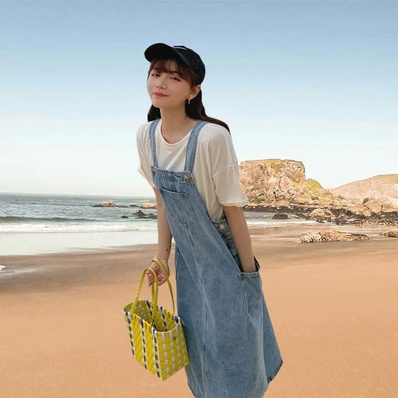 

2022 Women Chic Fashion Denim Strap Dress All-Match Loose Spring Summer Vintage Sundresses Cute Pockets Jean Mid Calf Long Dress