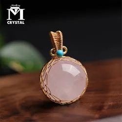 Natural Stone Ball Rose Crystal Quartz Pendant Necklace Copper Wire Wrapped Goldtone Healing Gemstone Necklace Jewellery