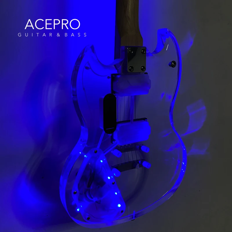 Acepro Blue LEDs Light Electric Guitar, Acrylic Body Crystal Guitarra, Transparent Pickguard, Chrome Hardware, High Quality