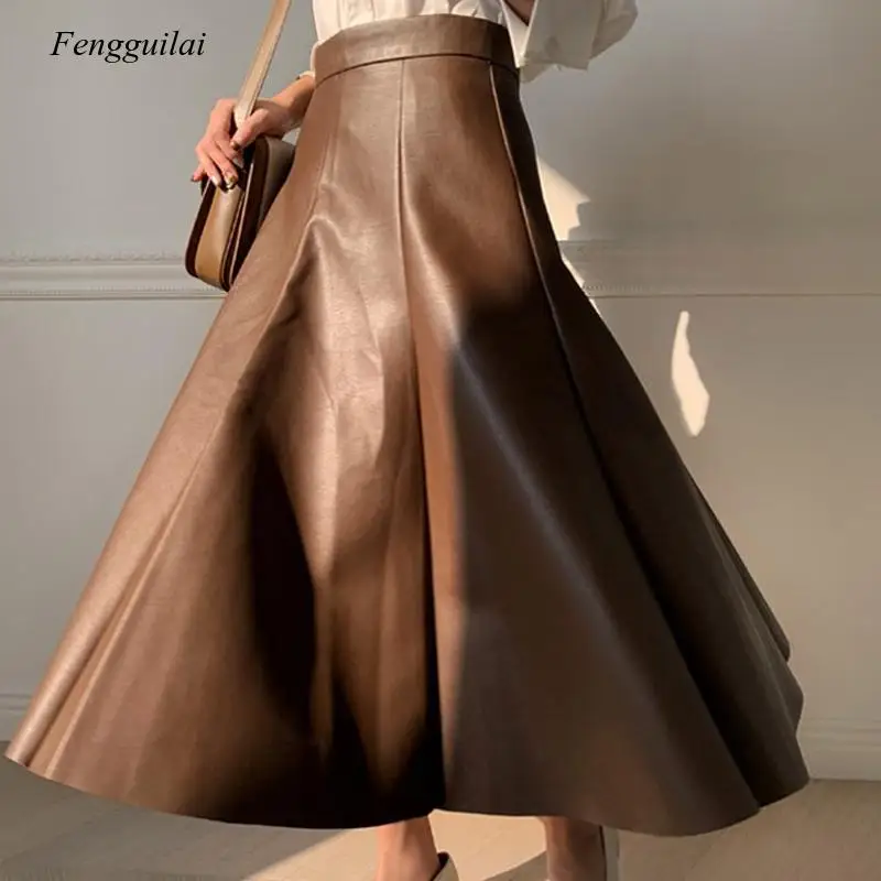 Black Solid Pu Leather Elegant Midi Skirt Women 2021 Spring High Waist Office Ladies a Line Flared Skirts Faux Leather