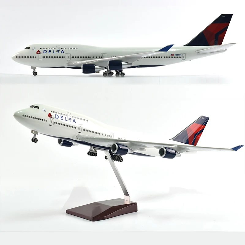 JASON TUTU 46cm Delta Boeing 747 Plane Model Airplane Model Aircraft Diecast Resin 1:160 Scale Planes With Light & Wheel