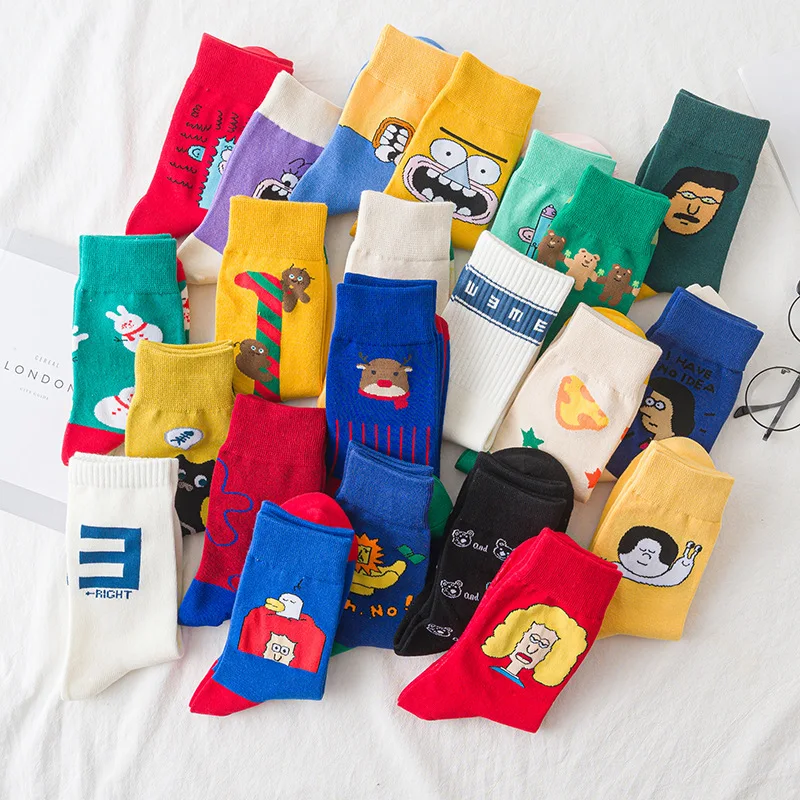 Multicolors Cartoon Jacquard Hip Hop Socks Women Breathable Cotton Skateboard Socks Spring Summer Creative Funny Sock Socken