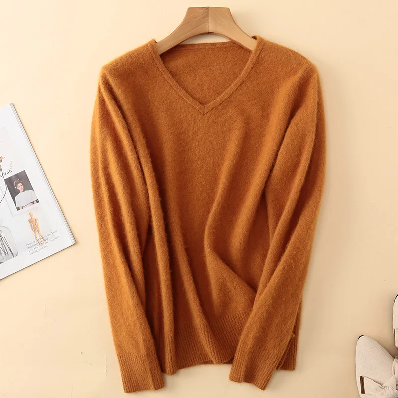 2020 Winter Women\'s Sweaters V-neck 100% Mink Cashmere Pullover Female Soft Warm Solid Color Sweaters Women Knit Basic Sweater