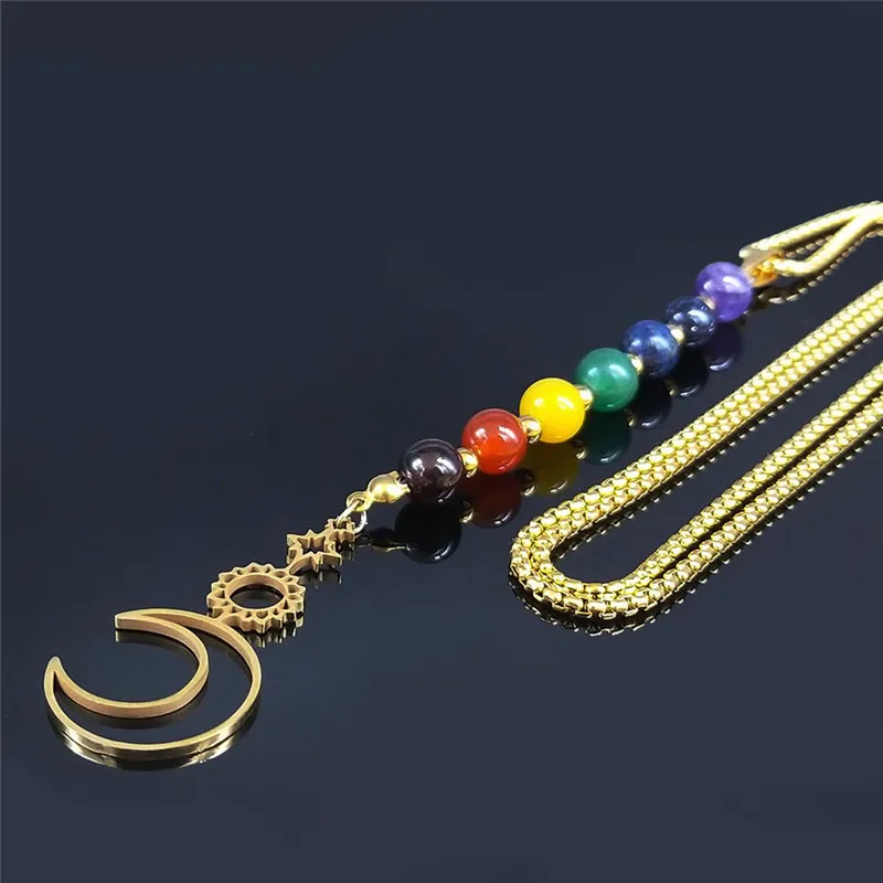 Sun Moon Yoga 7 Color Chakra Stone Stainless Steel Long Chain Necklaces for Women Gold Color Necklaces Jewelry N6354S04