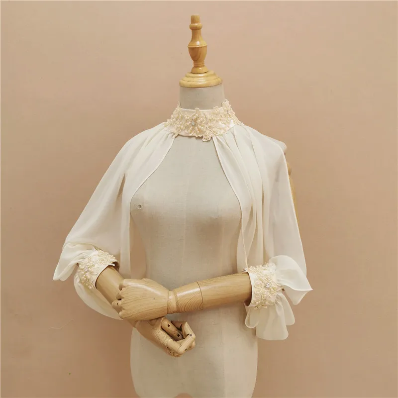 

New style wedding Jacket Accessories Chiffon High Neck Beaded Embroidery Sexy Cover Breast Shawl multi-color Champagne