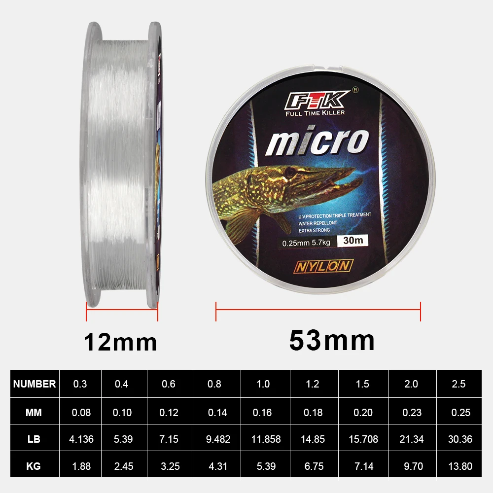 FTK 30M Nylon Ice Fishing Line 2.9-12.5LB 0.08-0.25 MM Level Transparent Fishing Line For Bass Carp Winter Fishing Accessories