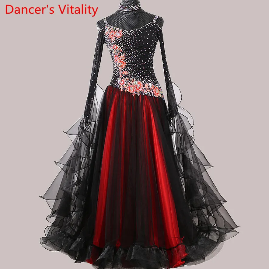 New National Standard Competition Costume Applique Shine Diamond Dress Ballroom Waltz Jazz Dancing Performance Stage Outfits