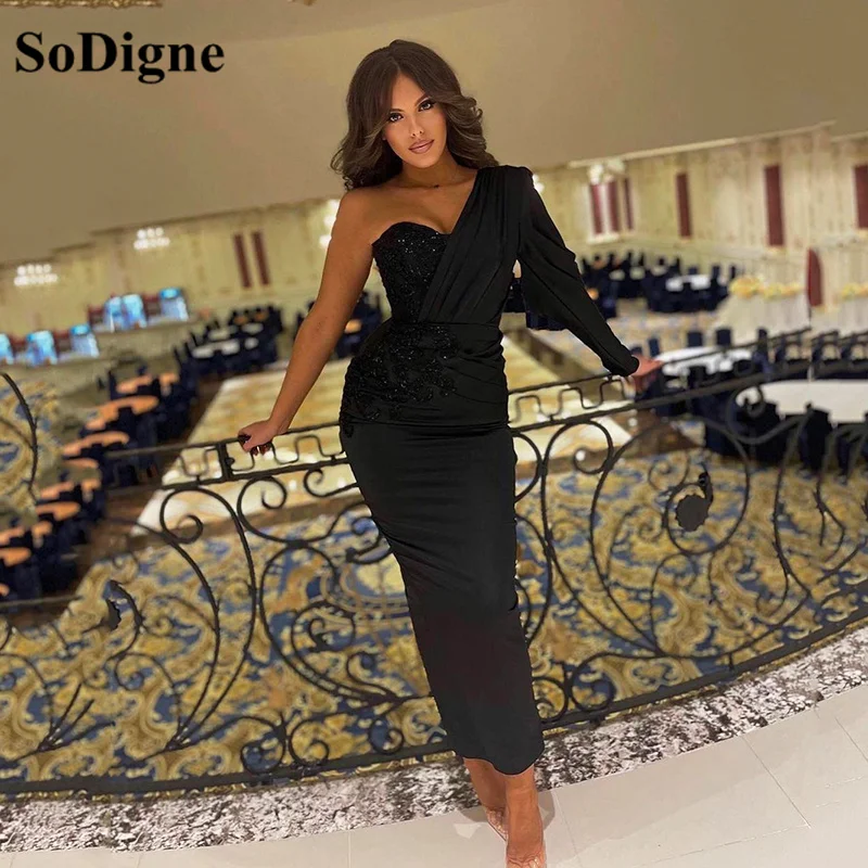 SoDigne One Ärmel Meerjungfrau Abendkleider Sexy Kurze Formale Party Kleid Frauen Schwarz Satin Abendkleider Robe De Soiree