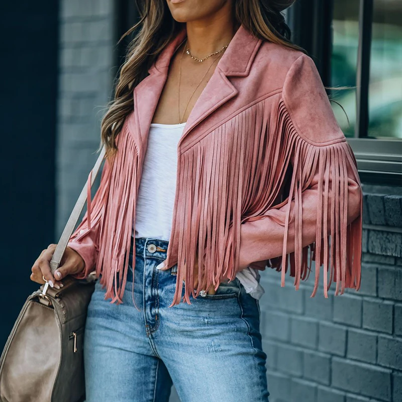 Chaqueta de gamuza sintética para mujer, abrigo corto con flecos sólidos, solapa de motocicleta, guapo, Otoño, 2020