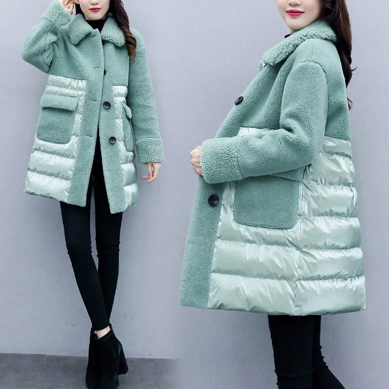 

2024 New Winter Down Parker Women Hooded Thickening Down Cotton Long Coat Female Loose Casual Short Fluff Lamb Stitching Jacket