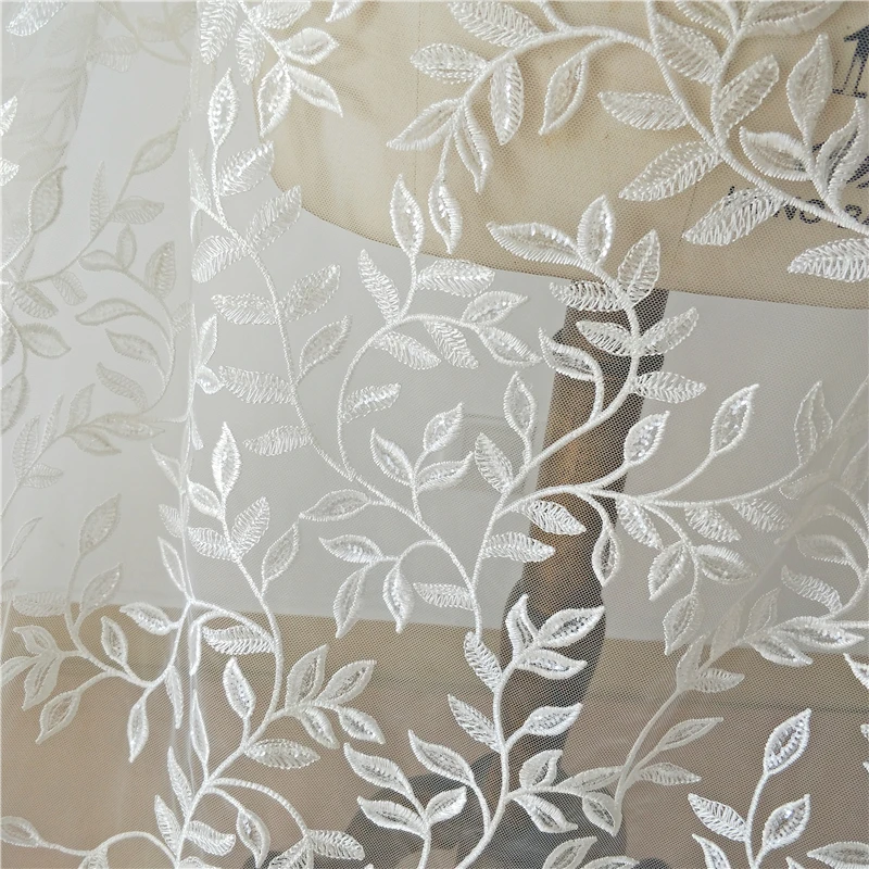 

Delicate branch leaves design lace fabric embroideries with sequins shiny bride lace fabrics textile material 130CM Wide Ivory