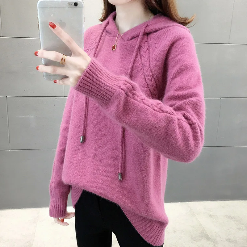 JMPRS Pullover Women Sweater Loose Knitted Hooded Long Sleeve Jumper Thick Solid Ladies Sweater Casual Winter  Tops